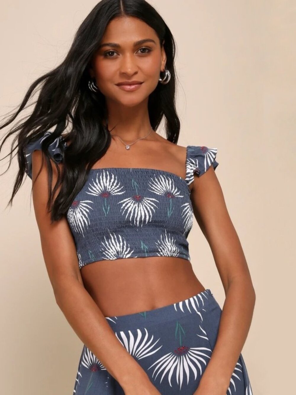 2/$30 Lulus Trancoso Dusty Blue Floral Print Crop Top Small #A2979